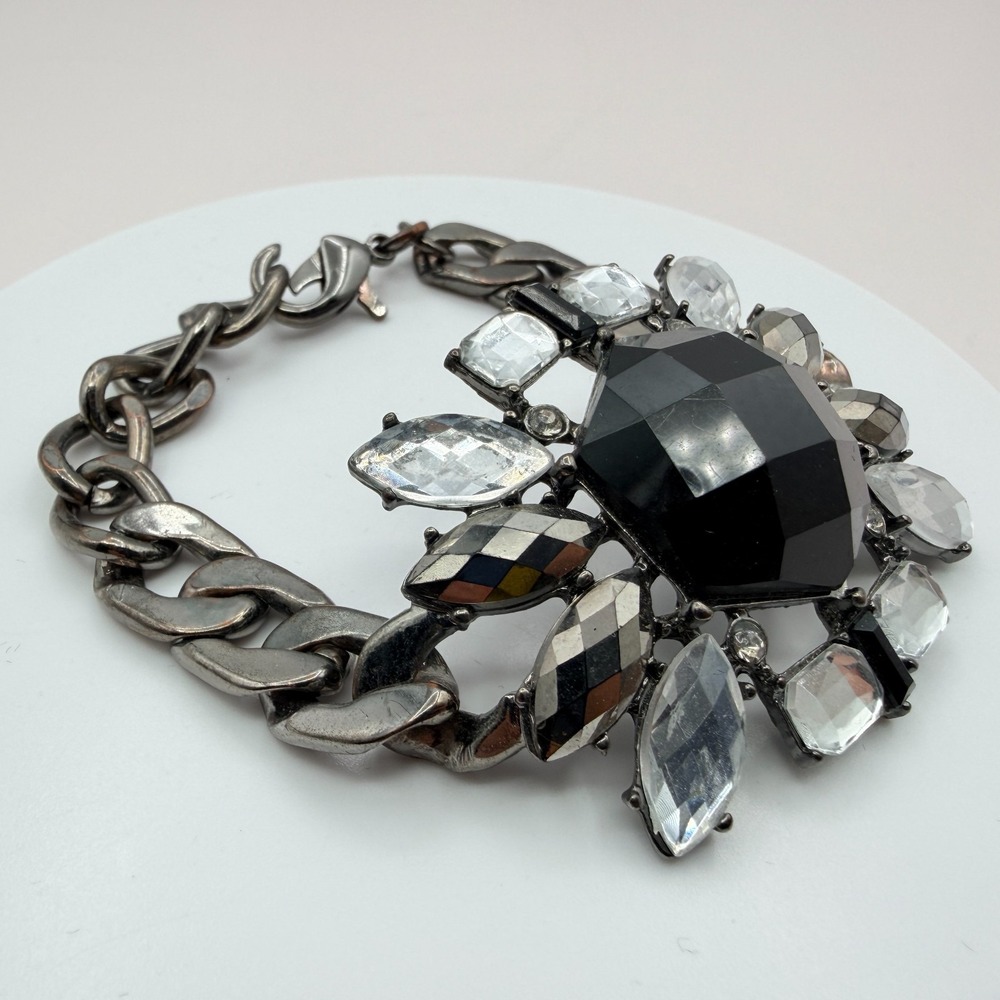 Vintage 90s Statement Bracelet Gunmetal Curb Chain Black Clear Glass Jewelry